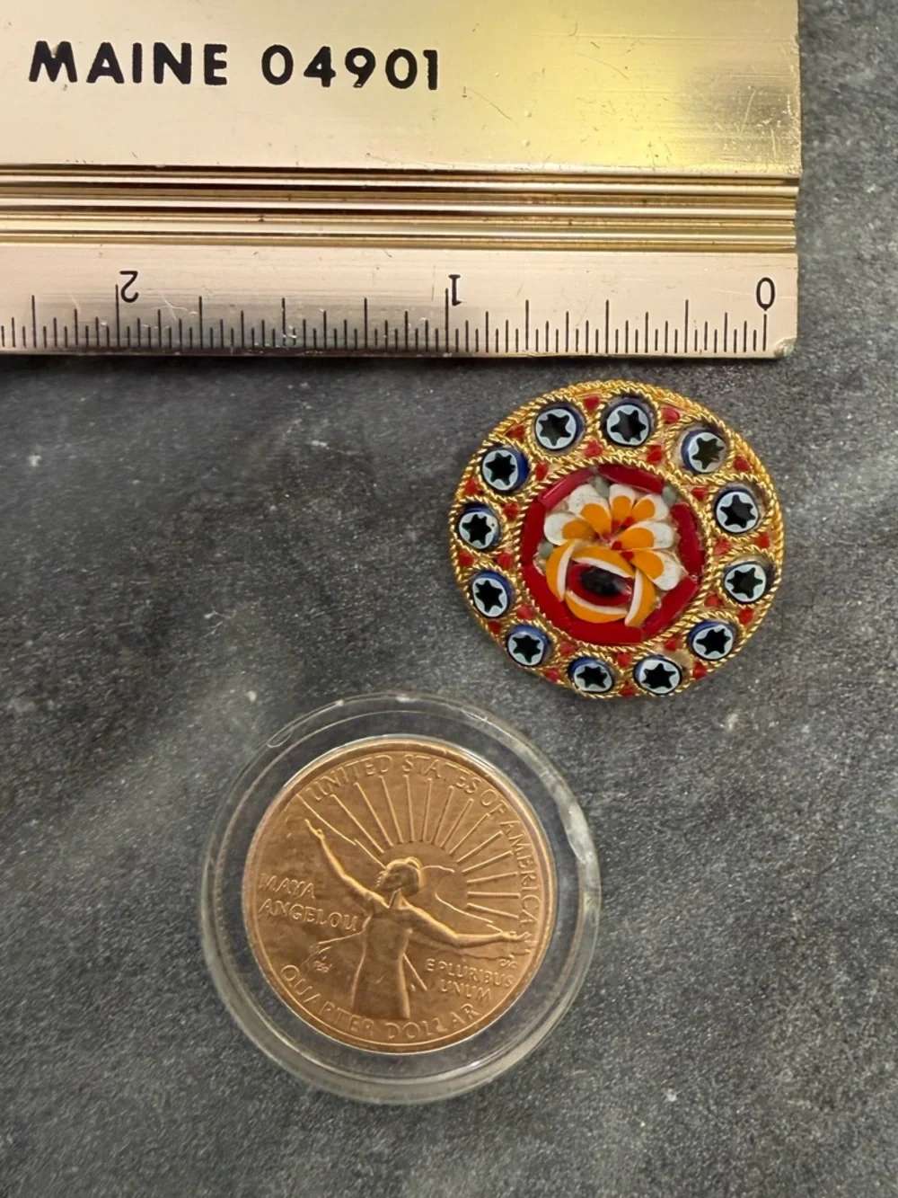 Vintage Gold Red Black Floral Mosaic Brooch
